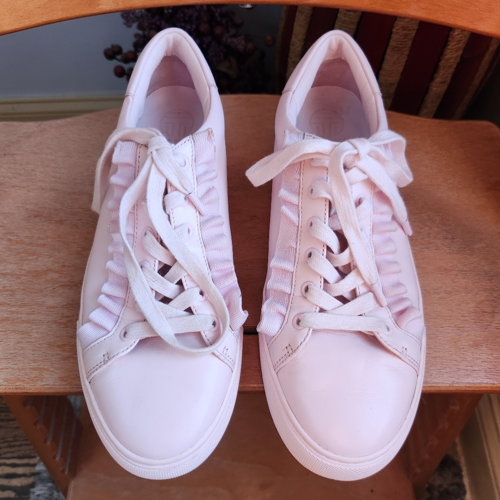 Tory Burch Sport Calf Leather Ruffle Sneakers Cotton Pink Size 9